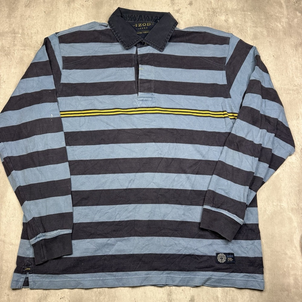 IZOD Jeans Retro Varsity Mens Blue Striped Long Sleeve Rugby Lolo Shirt Large